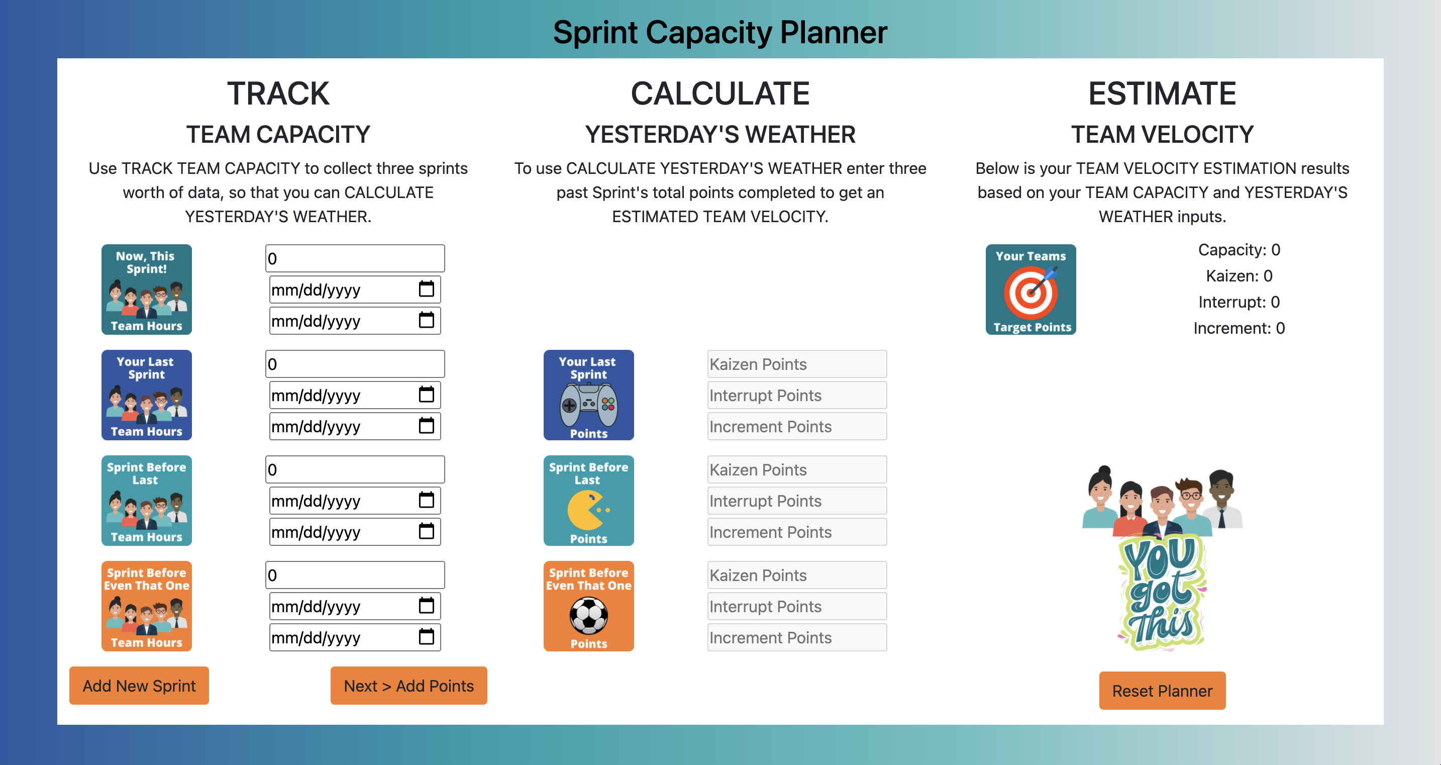 Sprint Capacity Planner tool for predicting team velocity and yesterday's weather.